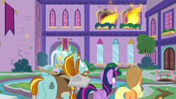 Size: 1280x720 | Tagged: safe, derpibooru import, screencap, applejack, rockhoof, twilight sparkle, twilight sparkle (alicorn), alicorn, earth pony, pony, a rockhoof and a hard place, fire, plot, rockhoof's shovel