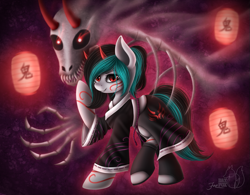 Size: 1023x796 | Tagged: safe, artist:hoodiefoxy, derpibooru import, oc, oc only, oc:onihime, demon, pony, bone, clothes, face paint, horns, lantern, skeleton, solo