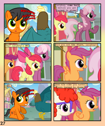 Size: 900x1080 | Tagged: safe, artist:lister-of-smeg, derpibooru import, apple bloom, cheerilee, scootaloo, twist, oc, oc:lazybug, oc:scavenger (lister-of-smeg), cockatrice, earth pony, pony, comic:crystal heart attack, colt, male