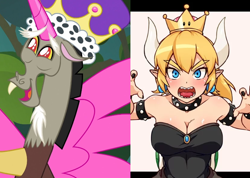 Size: 828x589 | Tagged: artist needed, safe, derpibooru exclusive, derpibooru import, discord, human, blonde, bowser, bowsette, collar, comparison, crown, cute, discorn, discute, duo, eyebrows, facial hair, fake horn, fake wings, fangs, goatee, happy, horns, jewelry, open mouth, princess discord, regalia, sharp teeth, snaggletooth, spiked collar, super crown, super mario bros., teeth