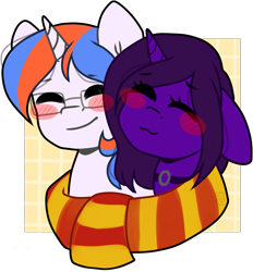 Size: 1627x1753 | Tagged: safe, artist:grapegrass, derpibooru import, oc, oc only, oc:free quill, oc:nova aurora, pony, unicorn, blushing, clothes, collar, couple, cuddling, cute, female, floppy ears, glasses, male, mare, multicolored hair, qurora, scarf, shared clothing, shared scarf, simple background, stallion, transparent background, ych result