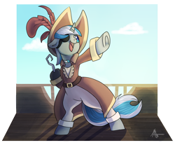 Size: 1896x1572 | Tagged: safe, artist:runedune, derpibooru import, oc, oc:sekr gray, pony, unicorn, bowtie, eyepatch, hook, incorrect accessory, pirate outfit, solo, ych result