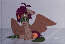 Size: 1280x884 | Tagged: safe, artist:little-sketches, derpibooru import, oc, pegasus, pony, chibi, clothes, female, floppy ears, mare, scarf, solo