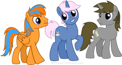 Size: 3517x1893 | Tagged: safe, artist:nstone53, derpibooru import, oc, oc only, oc:azure/sapphire, oc:cold front, oc:disty, pegasus, pony, unicorn, braided pigtails, friends, happy, male, ponysona, smiling, stallion