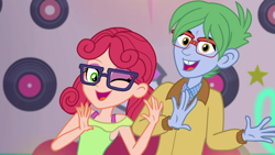 Size: 1280x720 | Tagged: safe, derpibooru import, screencap, alizarin bubblegum, celery stalk, coinky-dink world, eqg summertime shorts, equestria girls, alizary, bra, bra strap, clothes, dancing, female, glasses, looking at you, male, one eye closed, smiling, underwear, wink