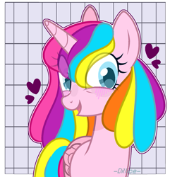 Size: 1457x1513 | Tagged: safe, artist:dillise, derpibooru import, oc, oc only, oc:st. pinkie, alicorn, pony, unicorn, abstract background, digital art, eye clipping through hair, female, happy, heart, looking at you, mare, open mouth, signature, solo, ych result