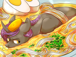 Size: 1600x1200 | Tagged: safe, artist:stardust_purfox, derpibooru import, oc, oc only, oc:phantasia, pony, unicorn, annoyed, digital art, egg, female, food, mare, noodles, ponies in food, purple hair, purple mane, ramen, signature, solo, swimming, ych result