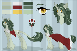 Size: 4500x3000 | Tagged: safe, artist:renka2802, derpibooru import, oc, oc only, classical unicorn, pony, unicorn, adoptable, cape, clothes, cloven hooves, curved horn, cutie mark, digital art, female, high res, horn, leonine tail, mare, reference sheet, signature, smiling, solo, unshorn fetlocks, ych result