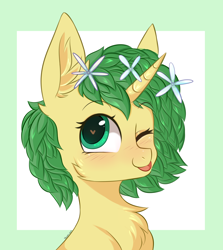 Size: 2672x3000 | Tagged: safe, artist:pesty_skillengton, derpibooru import, oc, oc only, pony, unicorn, bust, commission, female, flower, flower in hair, heart eyes, portrait, solo, tongue out, wingding eyes