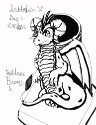 Size: 1700x2199 | Tagged: safe, artist:chiptunebrony, derpibooru import, princess ember, dragon, black and white, curious, cursive writing, dragoness, female, grayscale, inktober, inktober 2018, looking down, monochrome, pencil holder, practice drawing, signature, sitting, traditional art