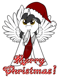 Size: 571x743 | Tagged: safe, artist:marsh-mal-oh, derpibooru import, oc, oc only, oc:shiron, alicorn, pony, alicorn oc, christmas, christmas stocking, cute, digital art, hat, holiday, looking at you, male, ocbetes, signature, simple background, smiling, solo, spread wings, stallion, transparent background, wings, ych result