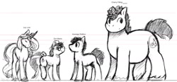 Size: 1722x797 | Tagged: safe, artist:raster dreams, derpibooru import, oc, oc only, oc:cherry filling, oc:dot matrix, oc:ley line, earth pony, pony, unicorn, size comparison