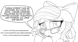 Size: 1280x692 | Tagged: safe, artist:pusspuss, derpibooru import, oc, oc only, oc:pink pearl, pony, bow, dialogue, female, floppy ears, freckles, glasses, hair bow, lineart, mare, monochrome, open mouth, paper, pencil, solo, speech bubble, tumblr 2018 nsfw purge