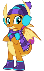 Size: 2000x3200 | Tagged: safe, alternate version, artist:cheezedoodle96, derpibooru import, smolder, dragon, best gift ever, .svg available, boots, claws, clothes, crossed arms, cute, dragon wings, dragoness, earmuffs, fangs, female, happy, hat, looking at you, mittens, scarf, shoes, simple background, smiling, smolderbetes, solo, svg, teeth, transparent background, vector, wings, winter outfit