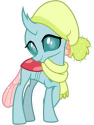 Size: 2400x3200 | Tagged: safe, alternate version, artist:cheezedoodle96, derpibooru import, ocellus, changedling, changeling, best gift ever, .svg available, clothes, crossed legs, cute, cuteling, diaocelles, female, hat, looking at you, moe, scarf, shy, simple background, smiling, solo, svg, transparent background, vector, winter outfit