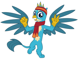 Size: 4200x3200 | Tagged: safe, alternate version, artist:cheezedoodle96, derpibooru import, gallus, griffon, best gift ever, .svg available, claws, clothes, cute, gallabetes, grin, headband, looking at you, male, paws, peace sign, scarf, simple background, smiling, solo, spread wings, svg, transparent background, vector, wings, winter outfit