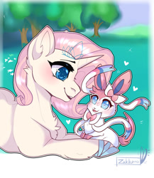 Size: 1024x1178 | Tagged: safe, artist:zakkurro, derpibooru import, oc, oc only, oc:crystal dancer, pony, unicorn, blue eyes, chest fluff, commission, digital art, ear fluff, eevee, female, grass, happy, looking at each other, mare, pokémon, prone, signature, smiling, solo, sylveon, tree, ych example, your character here