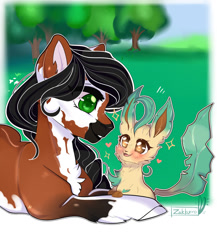 Size: 1024x1178 | Tagged: safe, artist:zakkurro, derpibooru import, oc, oc only, earth pony, pony, chest fluff, commission, digital art, ear fluff, eevee, female, grass, green eyes, happy, leafeon, looking at each other, mare, pokémon, prone, signature, smiling, solo, tree, ych result