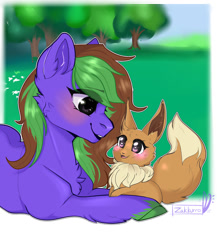 Size: 1024x1178 | Tagged: safe, artist:zakkurro, derpibooru import, oc, oc only, oc:narachi, earth pony, pony, chest fluff, commission, digital art, ear fluff, eevee, female, grass, happy, looking at each other, mare, multicolored hair, multicolored mane, pokémon, prone, signature, smiling, solo, tree, ych result