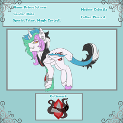 Size: 3000x3000 | Tagged: safe, artist:azrealrou, derpibooru import, oc, oc:prince solenar, hybrid, pony, interspecies offspring, offspring, parent:discord, parent:princess celestia, parents:dislestia, reference sheet