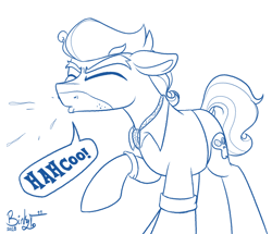 Size: 2050x1763 | Tagged: safe, artist:binkyt11, derpibooru exclusive, derpibooru import, doctor caballeron, earth pony, pony, clothes, dock, male, monochrome, neckerchief, nostril flare, simple background, sneeze spray, sneezing, snot, solo, speech bubble, stallion, stubble, white background