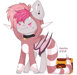 Size: 2508x2447 | Tagged: safe, artist:hoochuu, derpibooru import, oc, oc only, oc:candy quartz, bat pony, pony, bat pony oc, blushing, clothes, collar, costume, cute, ear piercing, fangs, female, mare, monster, piercing, pouting, simple background, solo, treasure chest, two toned mane, weapons-grade cute, ych result