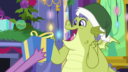 Size: 1280x720 | Tagged: safe, derpibooru import, screencap, sludge (g4), spike, dragon, father knows beast, christmas, greed, hat, holiday, male, open mouth, present, santa hat, solo focus