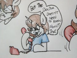 Size: 1292x969 | Tagged: safe, artist:paper view of butts, derpibooru import, oc, oc:paper butt, pony, unicorn, clothes, color, comic, dialogue, glasses, horn, phone, shirt, tourettes guy, traditional art