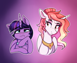 Size: 660x536 | Tagged: safe, artist:saphi-boo, derpibooru import, twilight sparkle, twilight sparkle (alicorn), oc, alicorn, pony, alicorn oc, bored, choker, duo, female, gradient background, jewelry, magical lesbian spawn, mare, next generation, not twilight sparkle, offspring, parent:princess celestia, parent:rainbow dash, parent:tempest shadow, parent:twilight sparkle, parents:tempestlight, regalia