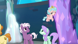 Size: 1280x720 | Tagged: safe, derpibooru import, screencap, cozy glow, lilac swoop, loganberry, pegasus, pony, unicorn, school raze, background pony, crown, crystal, female, filly, flying, foal, friendship student, jewelry, male, mare, regalia, stallion