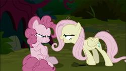 Size: 1249x702 | Tagged: safe, derpibooru import, screencap, mean fluttershy, mean pinkie pie, earth pony, pegasus, pony, the mean 6, angry, bully, bullying, clone, duo, evil laugh, female, flutterbitch, laughing, mare, narrowed eyes, sitting, unamused