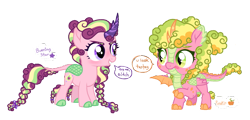 Size: 1471x706 | Tagged: safe, artist:unoriginai, derpibooru import, oc, oc:burning star, oc:pumpkin, dracony, dragon, hybrid, kirin, adoptable, dialogue, female, filly, magical lesbian spawn, offspring, parent:autumn blaze, parent:spike, parent:starlight glimmer, parents:autumnglimmer, parents:autumnspike