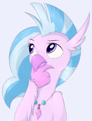 Size: 830x1100 | Tagged: safe, artist:vistamage, artist:wolfypon, derpibooru import, silverstream, classical hippogriff, hippogriff, emoji, female, jewelry, necklace, simple background, solo, thinking, thinking emoji, white background