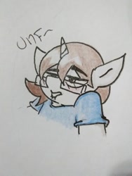 Size: 727x969 | Tagged: safe, artist:paper view of butts, derpibooru import, oc, oc:paper butt, pony, unicorn, blushing, clothes, color, comic, dialogue, glasses, horn, shirt, traditional art