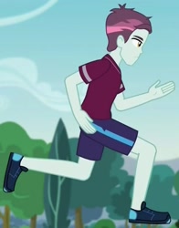 Size: 646x824 | Tagged: safe, derpibooru import, screencap, track starr, equestria girls, friendship games, pinkie spy (short), background human, blurry background, clothes, legs, running, shoes, shorts, sneakers, solo