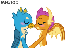 Size: 930x694 | Tagged: safe, artist:mixelfangirl100, derpibooru import, gallus, smolder, dragon, griffon, blushing, cute, eyes closed, female, gallabetes, holding hands, male, nuzzling, shipping, simple background, smolderbetes, smollus, straight, transparent background