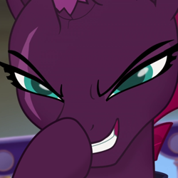 Size: 600x600 | Tagged: safe, derpibooru import, edit, edited screencap, screencap, tempest shadow, pony, unicorn, my little pony: the movie, boop, broken horn, cropped, evil grin, eye scar, female, glimmerposting, grin, horn, mare, meme, scar, self-boop, smiling, solo, teeth