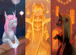 Size: 2912x2100 | Tagged: safe, artist:utauyan, derpibooru import, oc, oc only, oc:flimmy, changeling, pony, unicorn, clothes, costume, lantern, triptych