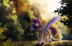 Size: 1700x1111 | Tagged: safe, artist:margony, derpibooru import, oc, oc only, oc:aurora (zenzii), pegasus, pony, commission, cute, female, forest, grass, mare, pale belly, scenery, smiling, solo, tree