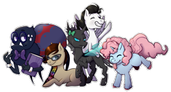 Size: 4026x2170 | Tagged: safe, artist:yaboidante, derpibooru import, oc, oc only, oc:cotton candy, oc:pipe dream, oc:shadowscar blackmane, oc:spider-spider, oc:yoyo mare, changeling, pegasus, pony, spider, unicorn, tails of equestria, book, bow, bowtie, braid, changeling oc, colt, cufflinks, female, filly, fluffy, friendship, glasses, group, male, non pony, party, pen and paper rpg, rpg, simple background, tabletop, transparent background, wings