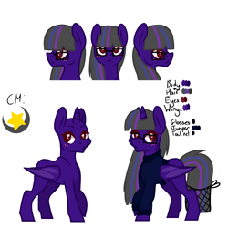 Size: 1500x1500 | Tagged: safe, artist:fulicioustm, artist:kookiebeatz, derpibooru import, oc, oc only, oc:dusk's light, alicorn, bat pony, bat pony alicorn, pony, alicorn oc, base used, blushing, clothes, female, glasses, jumper, mare, raised hoof, reference sheet, simple background, solo, sweater, tail net, white background