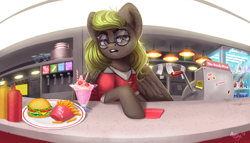 Size: 3234x1856 | Tagged: safe, artist:amishy, derpibooru import, oc, oc only, oc:fenderella bass, pegasus, pony, burger, cash register, clothes, commission, diner, disgusted, female, fisheye lens, food, freckles, french fries, glasses, ice cream, looking at you, mare, nuka cola, oven, shirt, solo