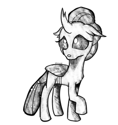 Size: 2406x2561 | Tagged: safe, artist:tkitten16, derpibooru import, ocellus, changedling, changeling, female, inktober, inktober 2018, monochrome, raised leg, simple background, solo, white background