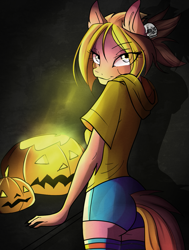 Size: 979x1293 | Tagged: safe, artist:imbrina, derpibooru import, oc, oc only, anthro, earth pony, :3, anthro oc, clothes, commission, digital art, ear fluff, eye clipping through hair, female, halloween, holiday, jack-o-lantern, looking at you, looking back, looking back at you, mare, pumpkin, shorts, skull, smiling, smirk, solo, ych result