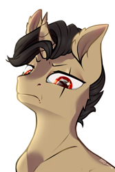 Size: 1280x1920 | Tagged: safe, artist:rrd-artist, derpibooru import, oc, oc only, pony, unicorn, commission, curved horn, eye scar, frown, horn, male, red eyes, scar, simple background, solo, stallion, white background