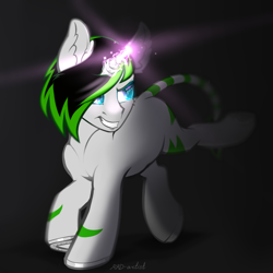 Size: 1280x1280 | Tagged: safe, artist:rrd-artist, derpibooru import, oc, oc only, pony, unicorn, ear fluff, glowing horn, grin, horseshoes, leonine tail, simple background, smiling, solo