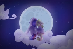 Size: 5400x3600 | Tagged: safe, artist:elsarivrwood, derpibooru import, oc, oc:myre, oc:orchidtale, cloud, colored wings, cute, floppy ears, gradient wings, hug, moon, night, oc x oc, on a cloud, shipping, sitting, winghug