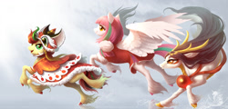 Size: 1968x944 | Tagged: safe, artist:begasus, derpibooru import, oc, oc:小梅, oc:狮狮, oc:睦睦, longma, china ponycon, mascot