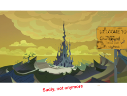 Size: 2048x1536 | Tagged: safe, derpibooru import, edit, edited screencap, screencap, to where and back again, changeling hive, changeling kingdom, dead trees, hive, sign, spire, swarm, words from the past, yellow sky