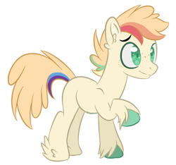 Size: 600x562 | Tagged: safe, artist:sinamuna, derpibooru import, oc, oc only, oc:rocket sprint, earth pony, pony, base used, colored hooves, feathered hooves, freckles, green eyes, magical lesbian spawn, male, nextgen:sinverse, offspring, orange hair, parent:applejack, parent:rainbow dash, parents:appledash, rainbow hair, redesign, smiling, solo, stallion, updated design